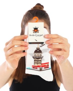 Kız Kulesi Desen Beyaz Soket Çorap