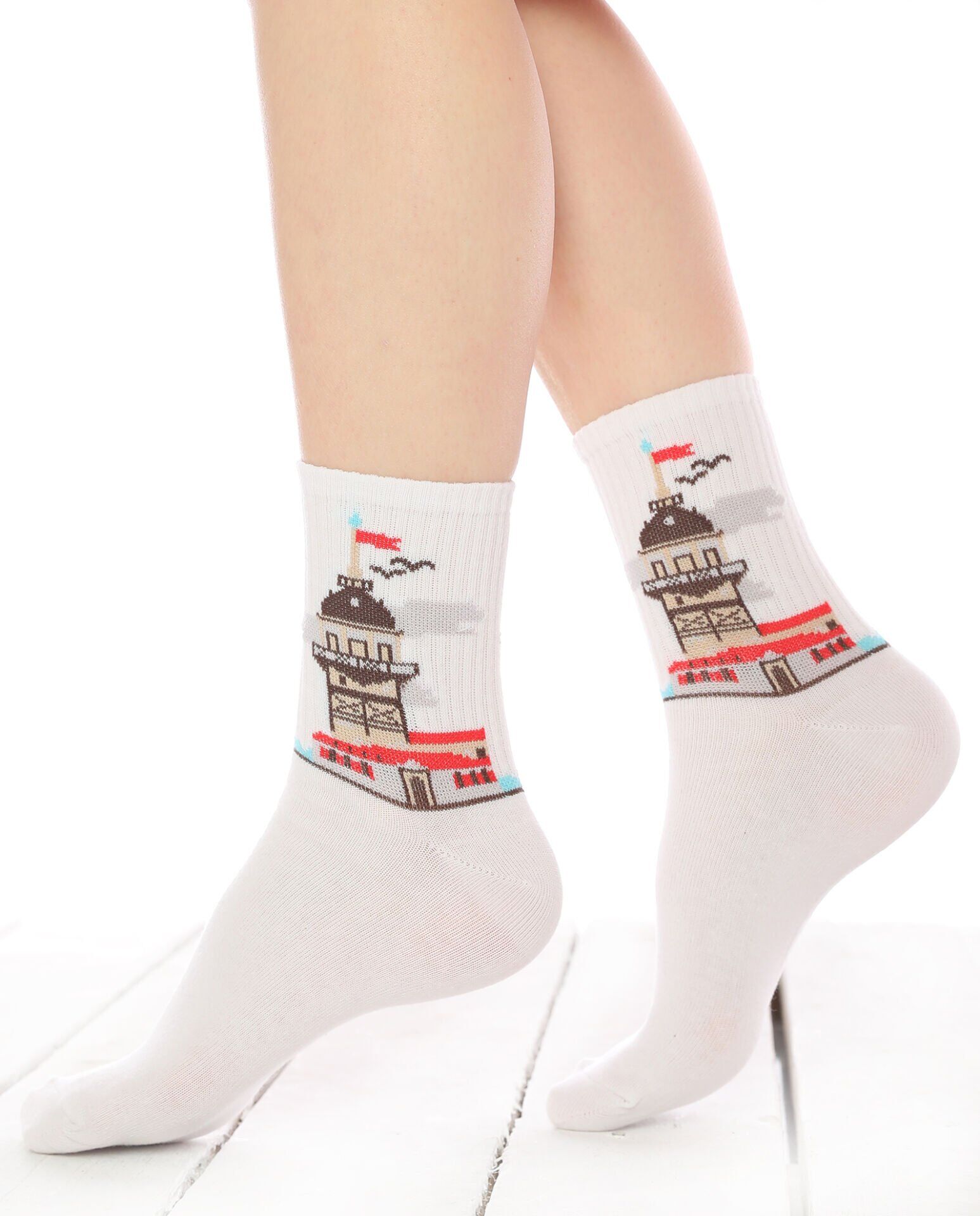 Kız Kulesi Desen Beyaz Soket Çorap Beyaz - 35/39