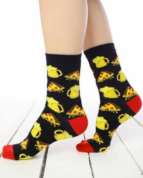 Pizza ve Bira Desenli Soket Çorap