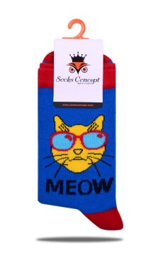 Kedi Desen Saks Mavi Renk Soket Çorap