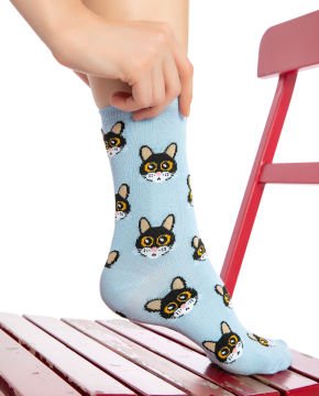 Kedi Detaylı Soket Çorap Mavi Renk Brogetti