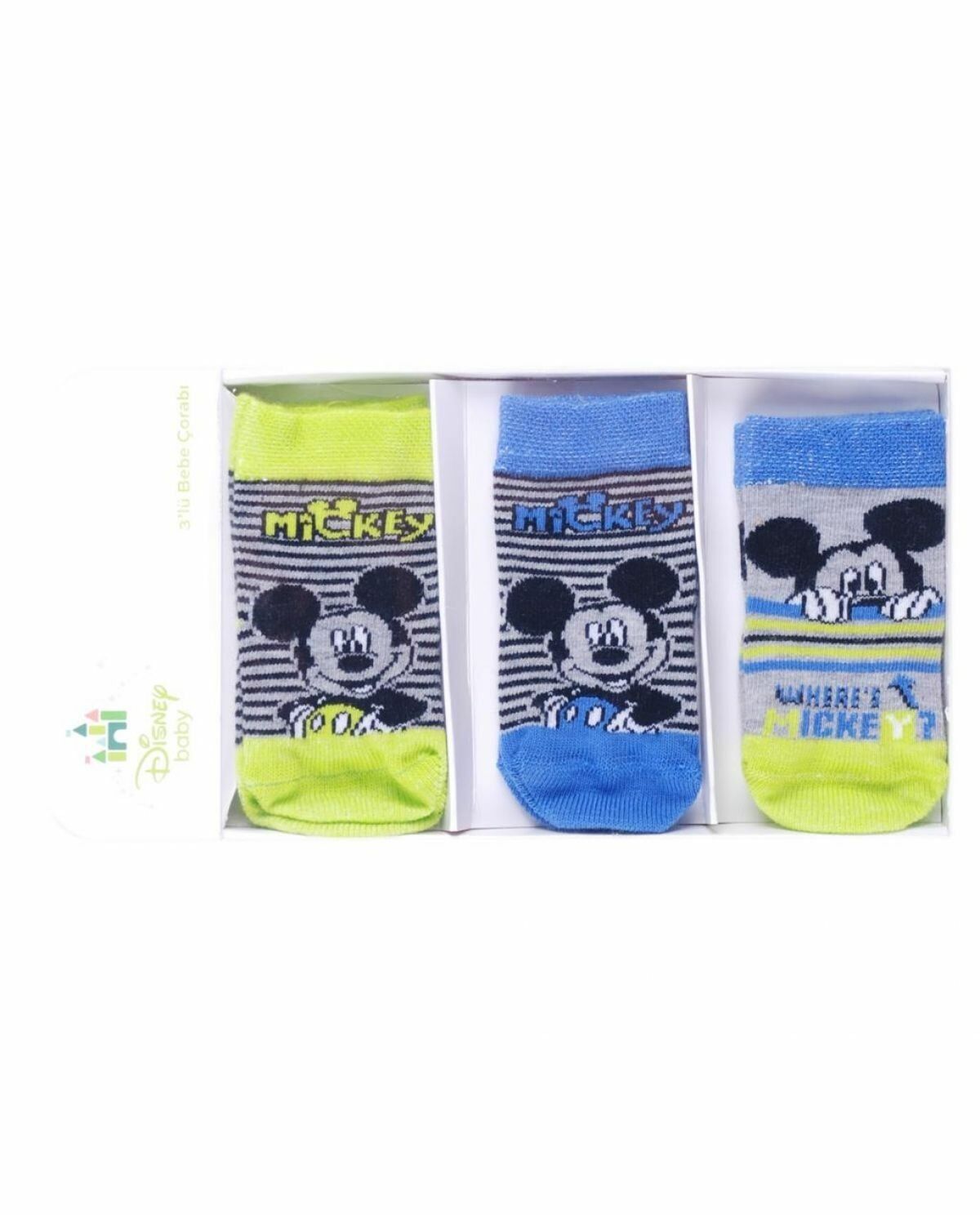 Mickey Mouse 3'lü Sarı Mavi Gri Bebek Çorabı