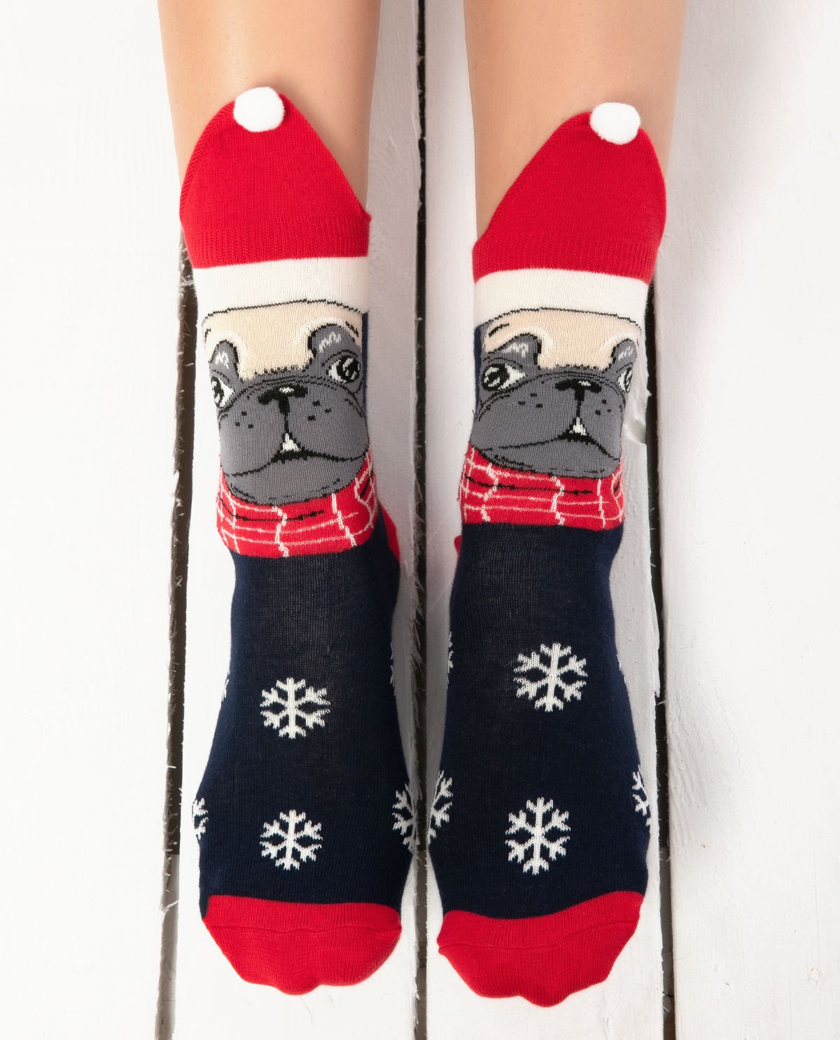 Pug Desenli Noel Şapkalı Yılbaşı Çorabı
