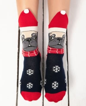 Pug Desenli Noel Şapkalı Yılbaşı Çorabı