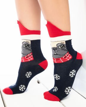 Pug Desenli Noel Şapkalı Yılbaşı Çorabı