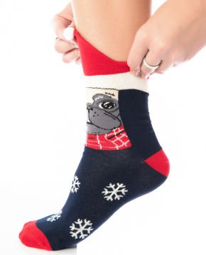 Pug Desenli Noel Şapkalı Yılbaşı Çorabı