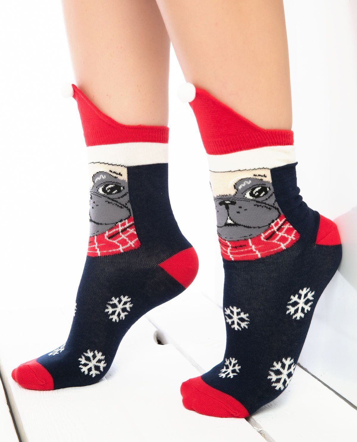 Pug Desenli Noel Şapkalı Yılbaşı Çorabı RENKLİ - 36/40