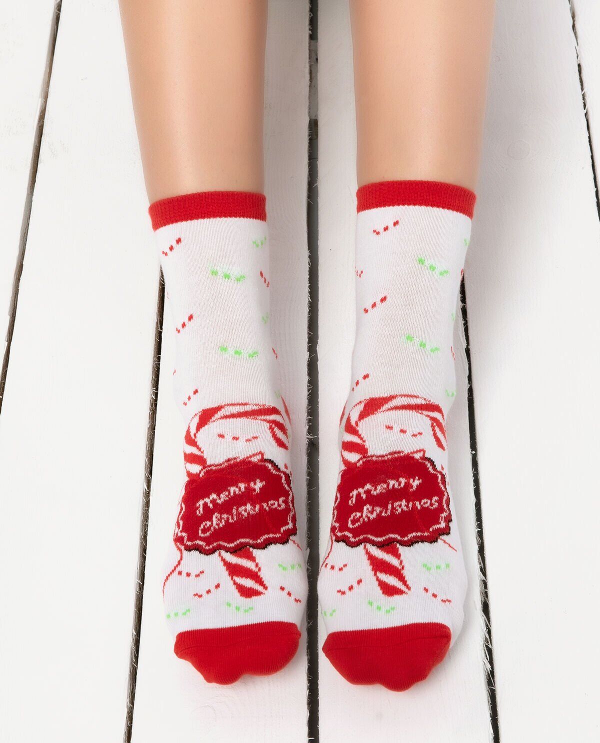 Merry Christmas ve Baston Şeker Desenli Yılbaşı Çorabı