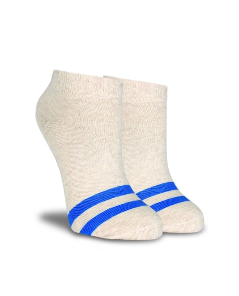Bej Rengi Mavi Çizgi Detaylı Kısa Soket Çorap
