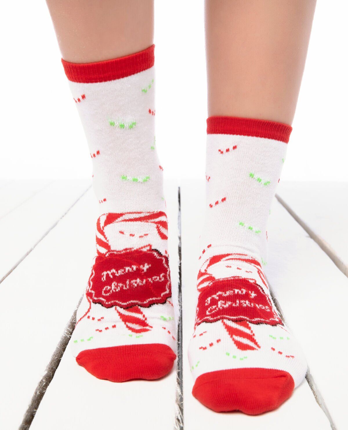 Merry Christmas ve Baston Şeker Desenli Yılbaşı Çorabı RENKLİ - 36/40