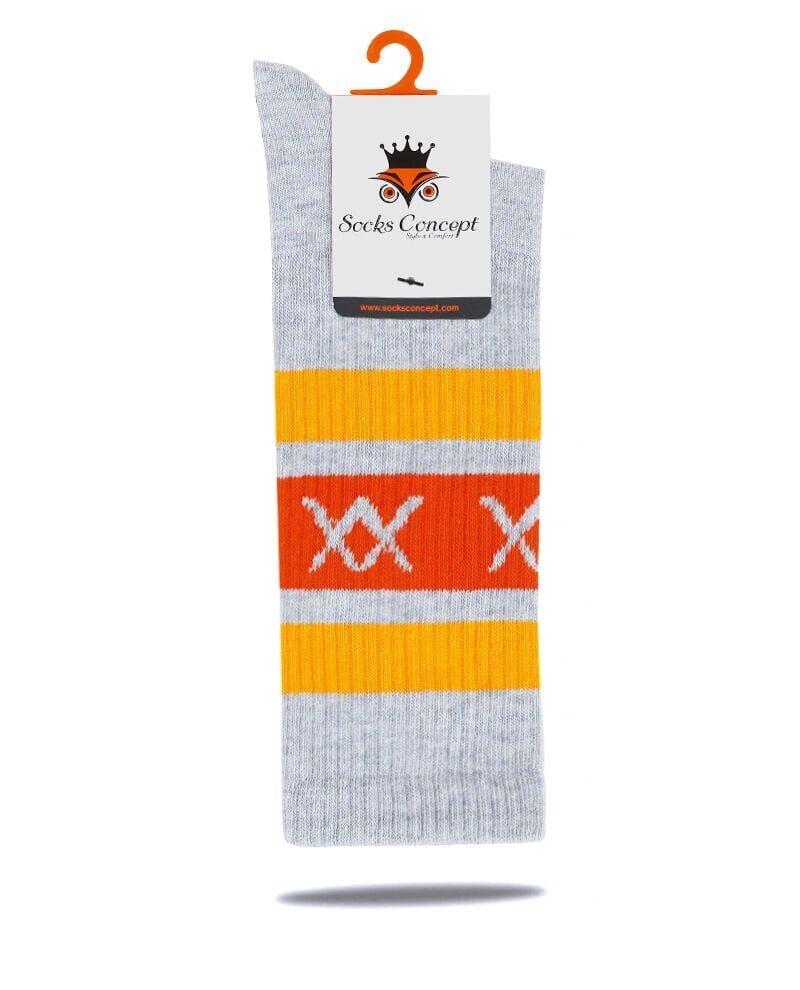 XX Yazılı Gri-Turuncu  Renk Erkek Tenis Çorap Çizgili
