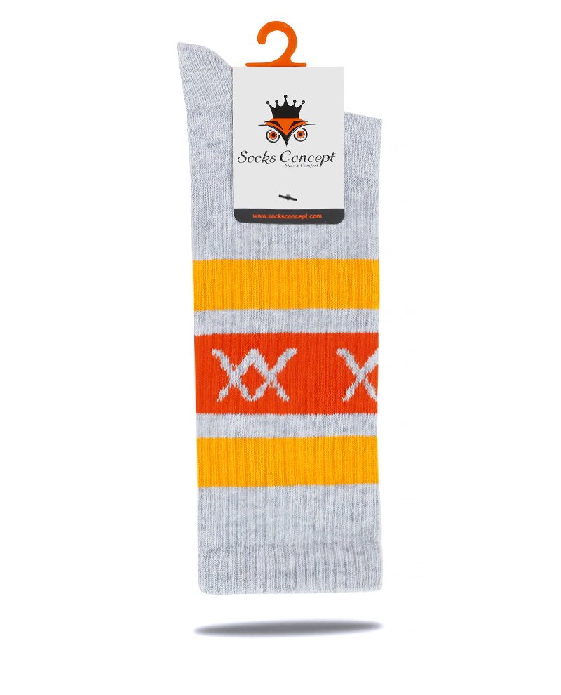 XX Yazılı Gri-Turuncu  Renk Erkek Tenis Çorap Çizgili GRİ MELANJ - 42/44
