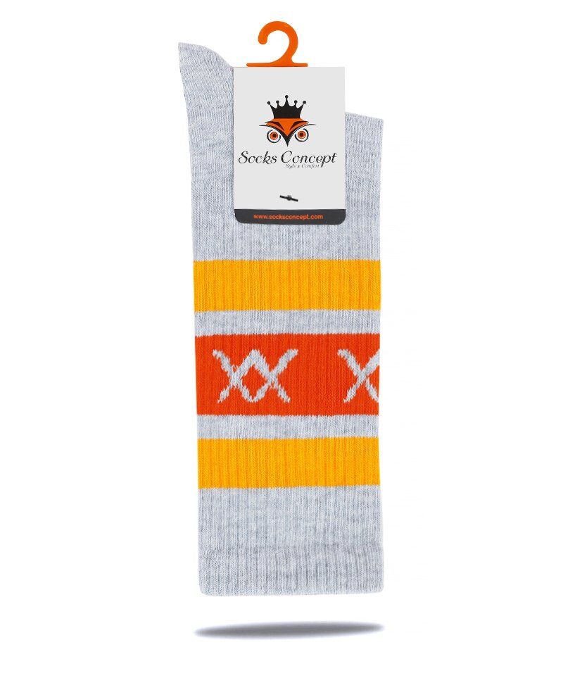 XX Yazılı Gri-Turuncu  Renk Erkek Tenis Çorap Çizgili GRİ MELANJ - 42/44