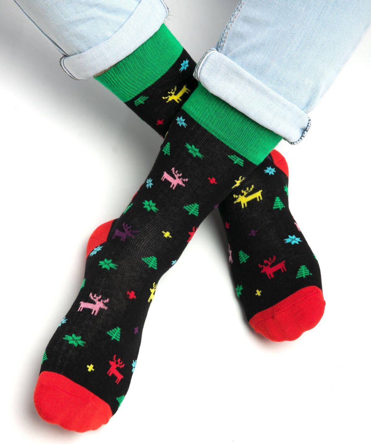 Renkli Geyik ve Çam Ağacı Desenli Erkek Yılbaşı Çorabı