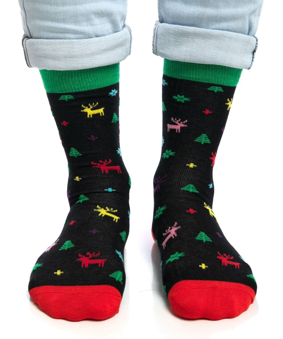 Renkli Geyik ve Çam Ağacı Desenli Erkek Yılbaşı Çorabı