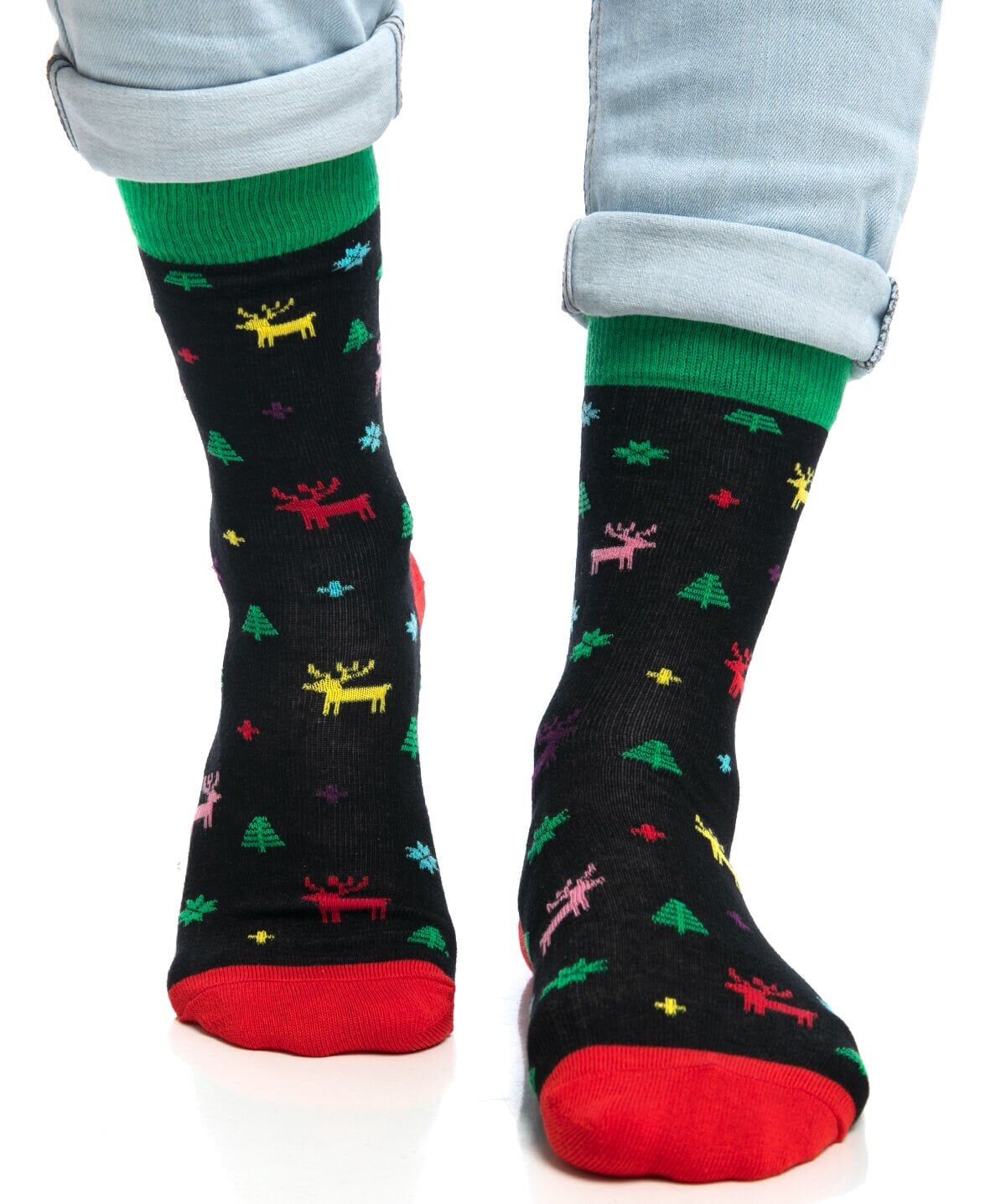 Renkli Geyik ve Çam Ağacı Desenli Erkek Yılbaşı Çorabı