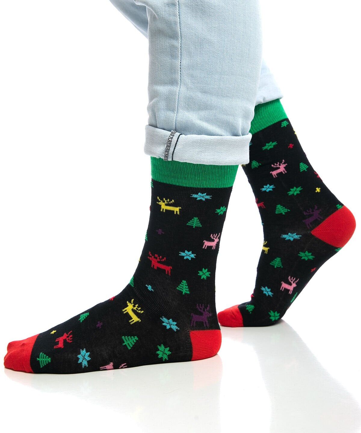 Renkli Geyik ve Çam Ağacı Desenli Erkek Yılbaşı Çorabı