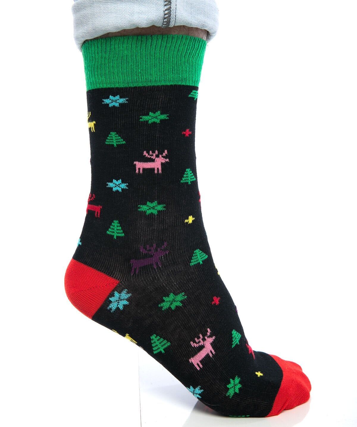 Renkli Geyik ve Çam Ağacı Desenli Erkek Yılbaşı Çorabı