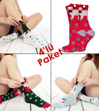 Noel Desenli Renkli Soket Çoraplar 4'lü Ekonomik Paket