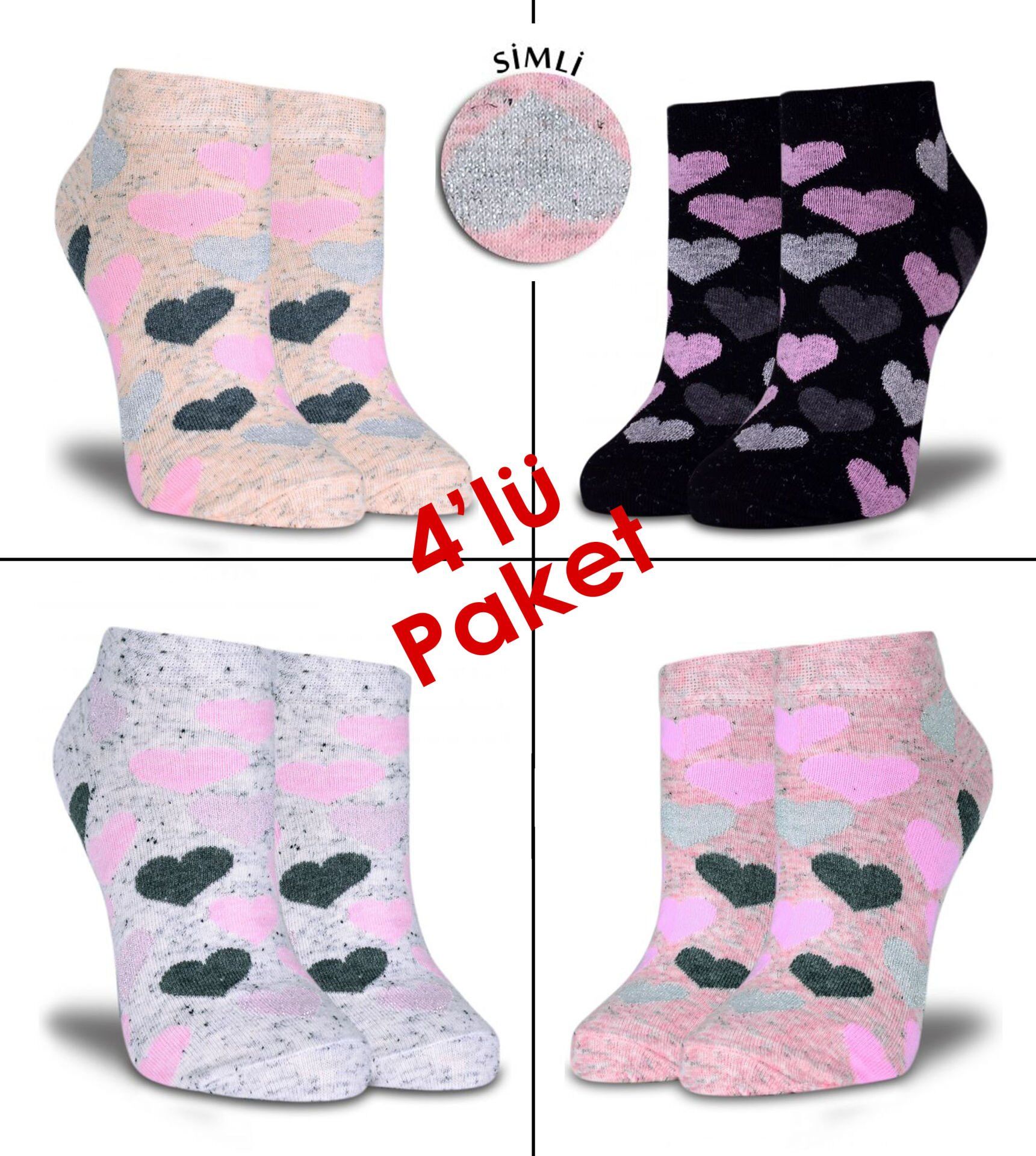 Simli Kalpli Kısa Soket Çoraplar 4'lü Eko Paket