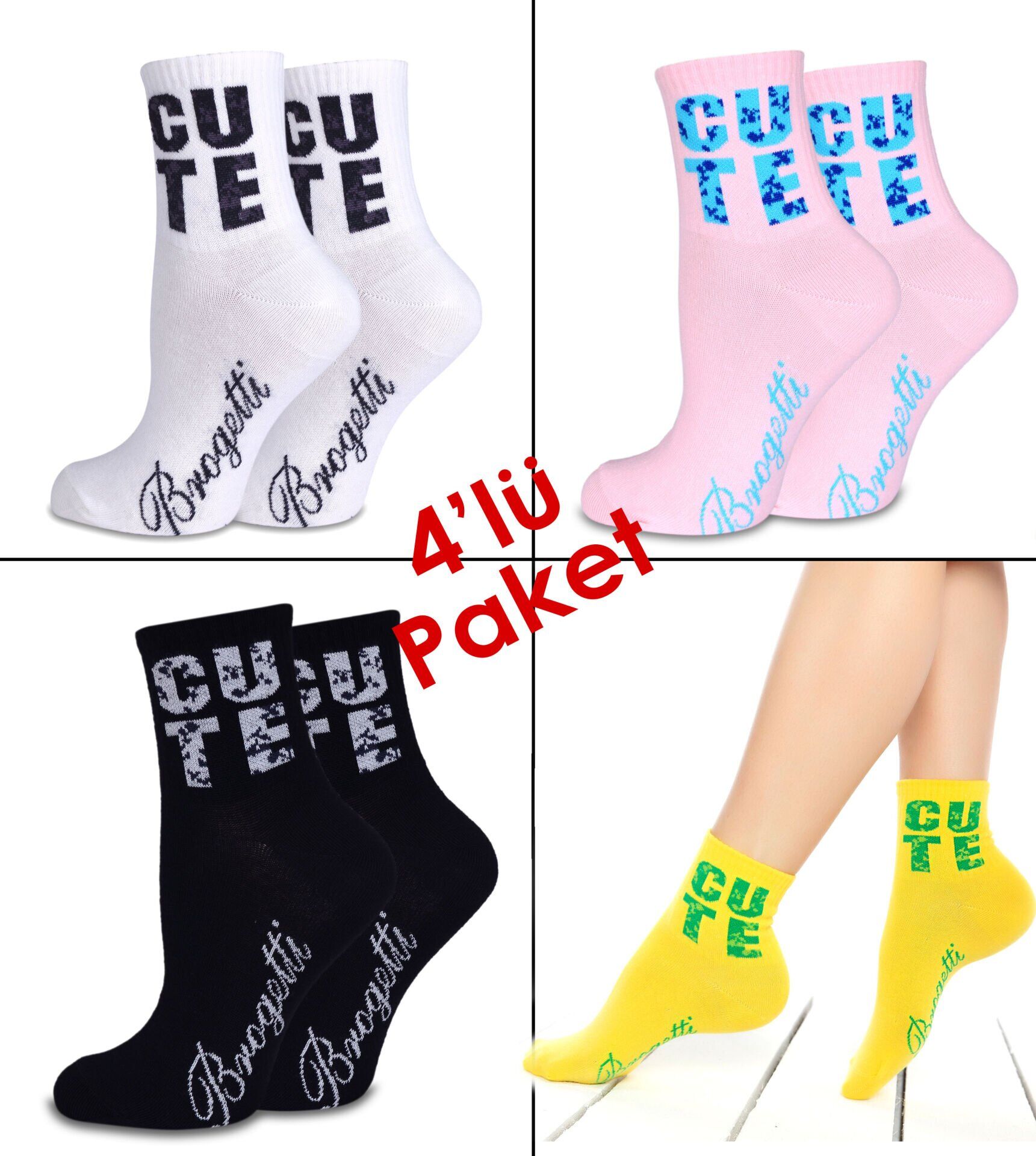Cute Yazılı Renkli Soket Çoraplar 4 lü Ekonomik Paket