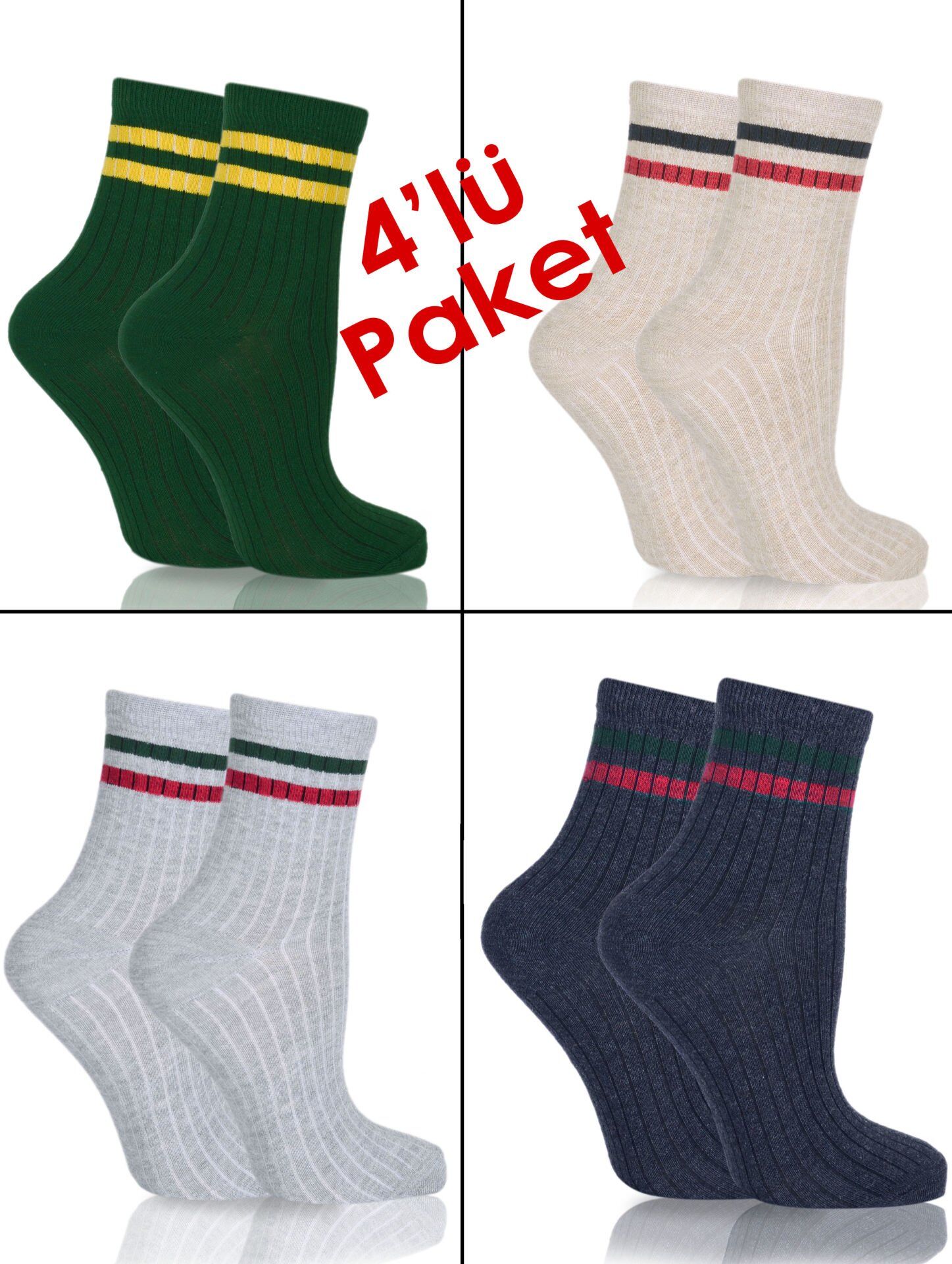 Renkli Çizgili Tenis Çorapları 4'lü Eko Paket