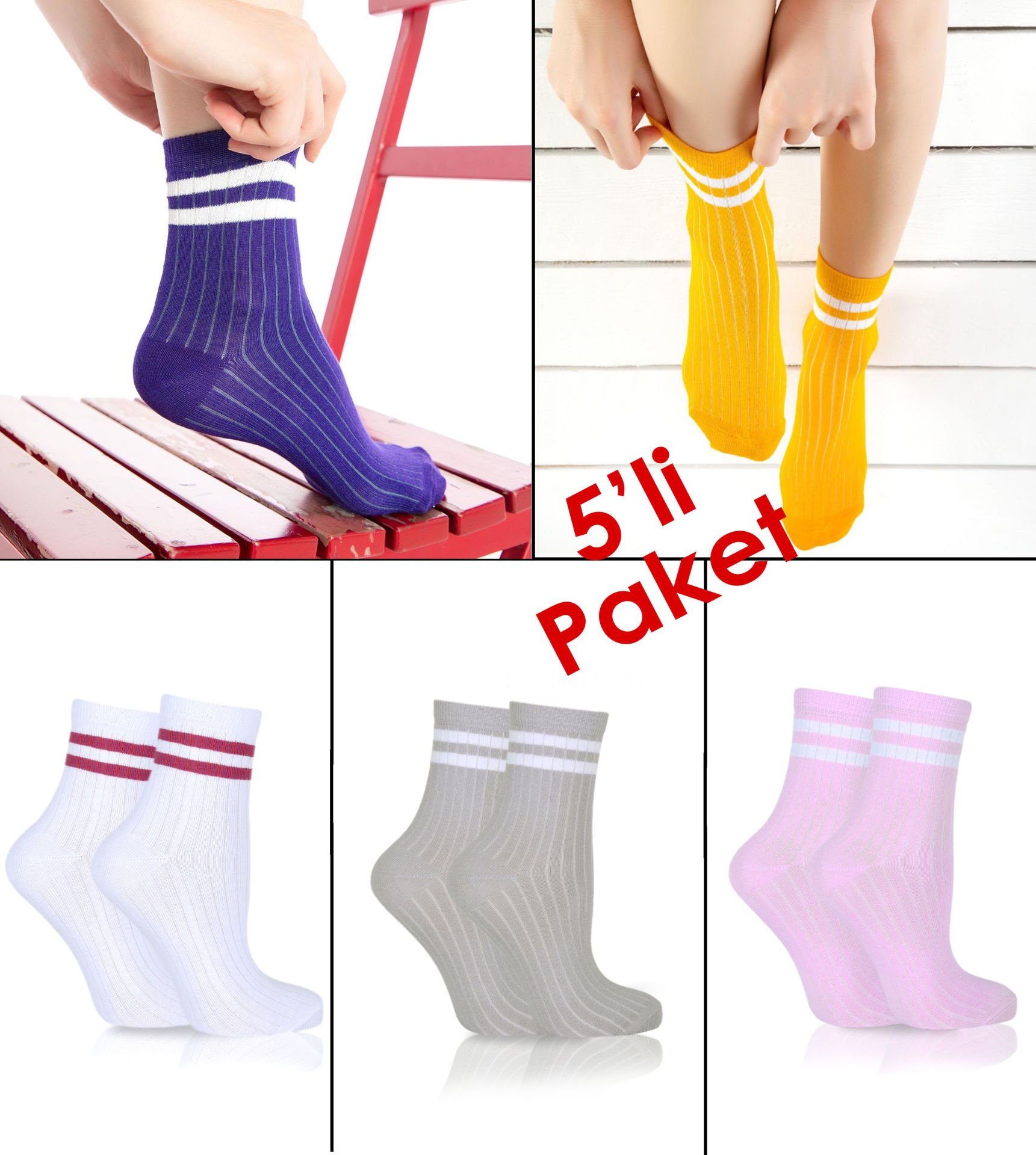 Renkli Çizgili Tenis Çorapları 5'li Ekonomik Paket