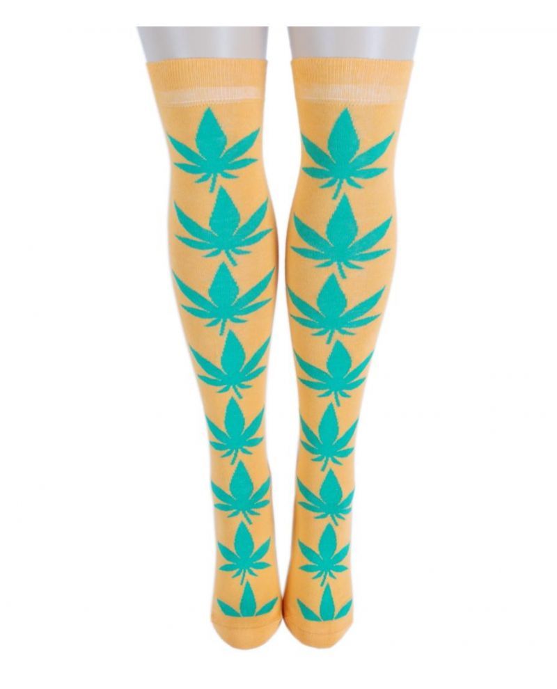 Yeşil Yaprak Desenli Turuncu Renk Dizüstü Çorap TURUNCU - TEK BEDEN