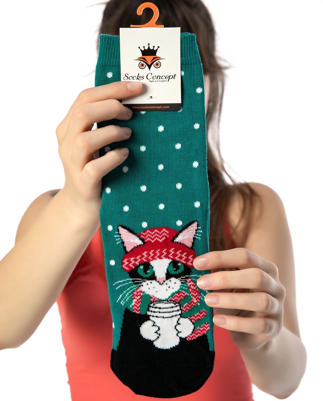 Turkuaz Renk Kedi Ve Puantiye Desen Soket Çorap TURKUAZ - 35/39