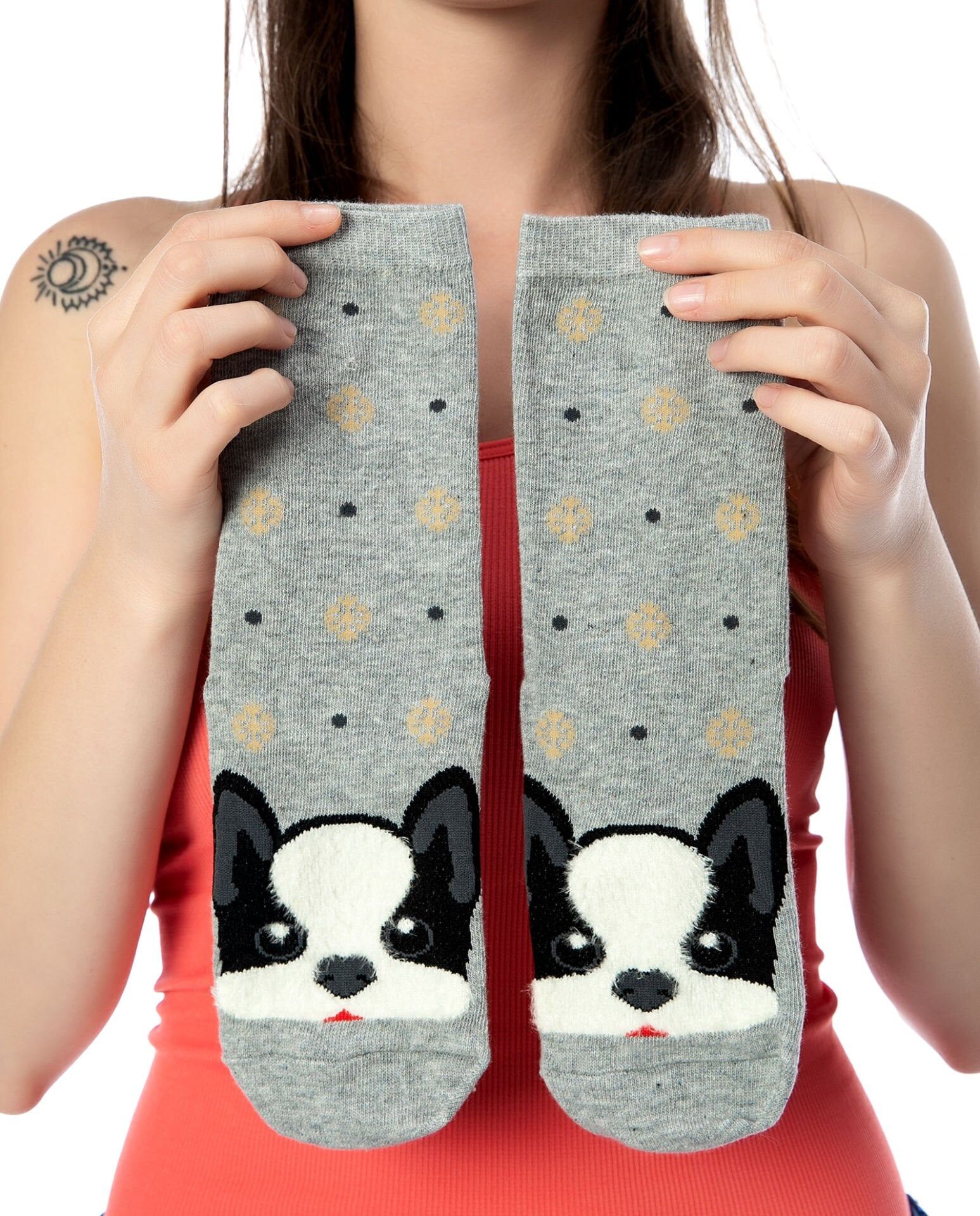 Gri Renk Köpek Desen Soket Çorap