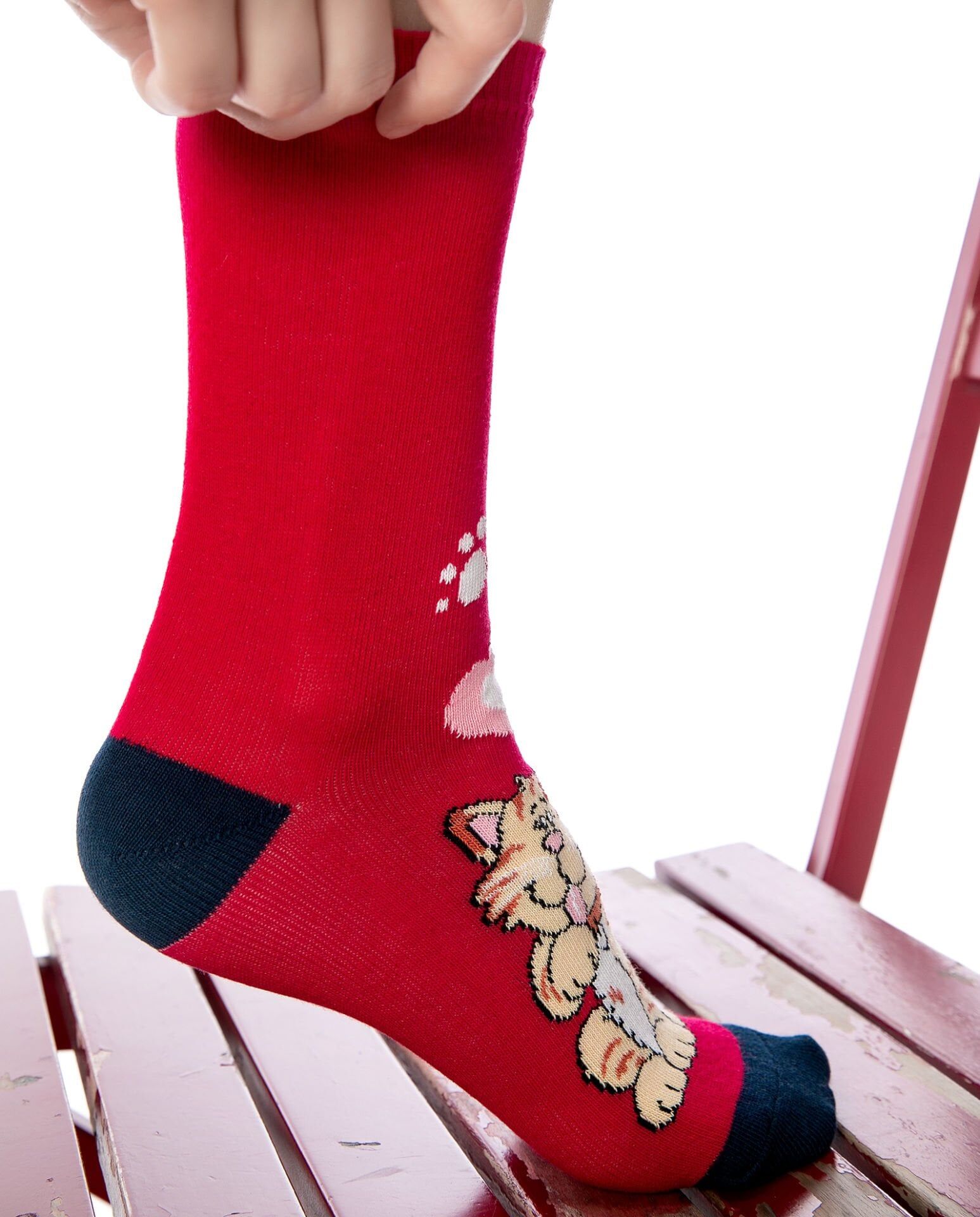 Kırmızı Renk Aşık Kedi Desen Soket Çorap