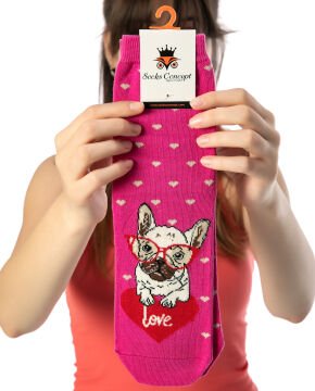 Pembe Renk Gözlüklü Pug Desen Soket Çorap