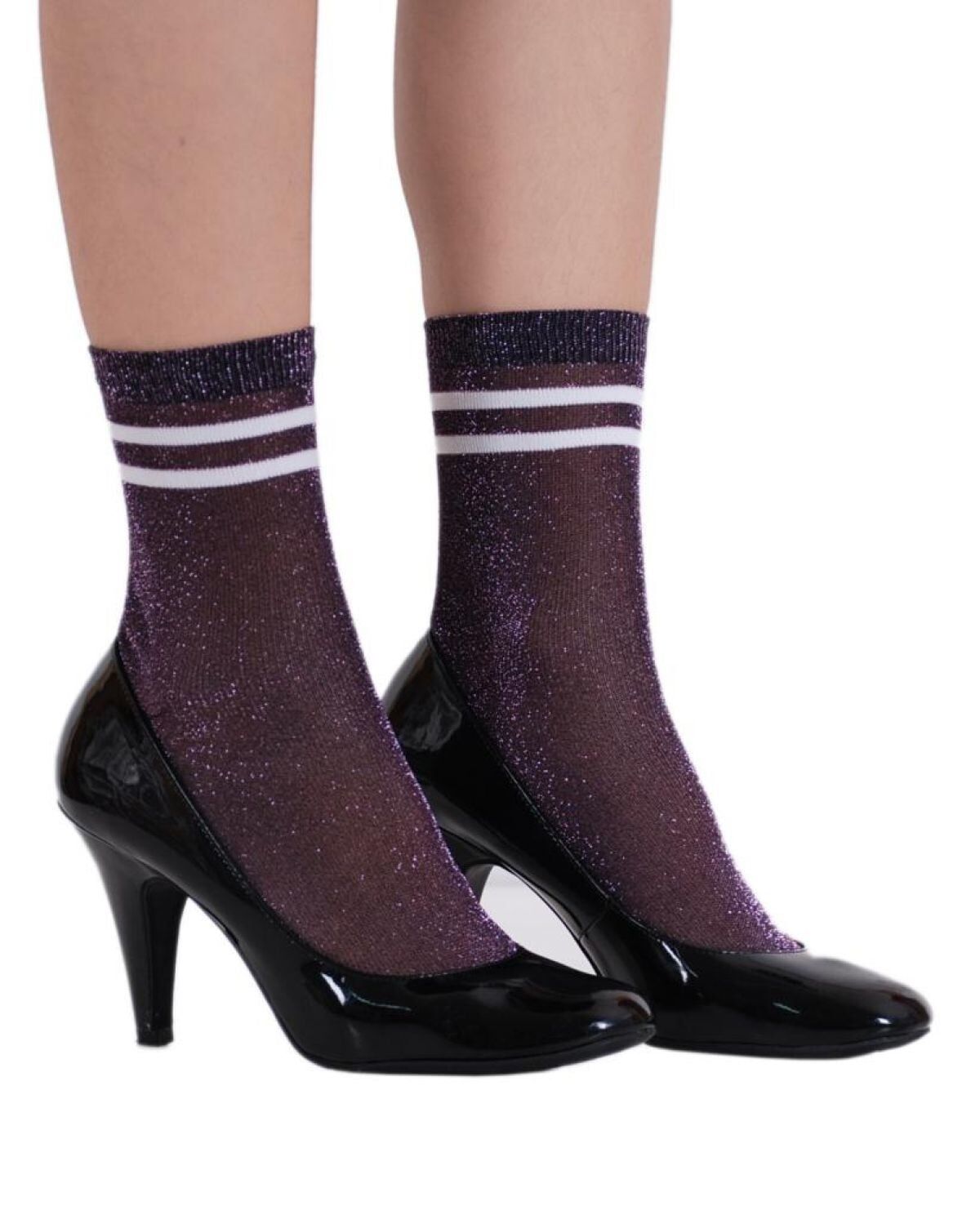 Victoria Pembe Simli Lila Renk  Çizgi Detaylı Çorap Brogetti