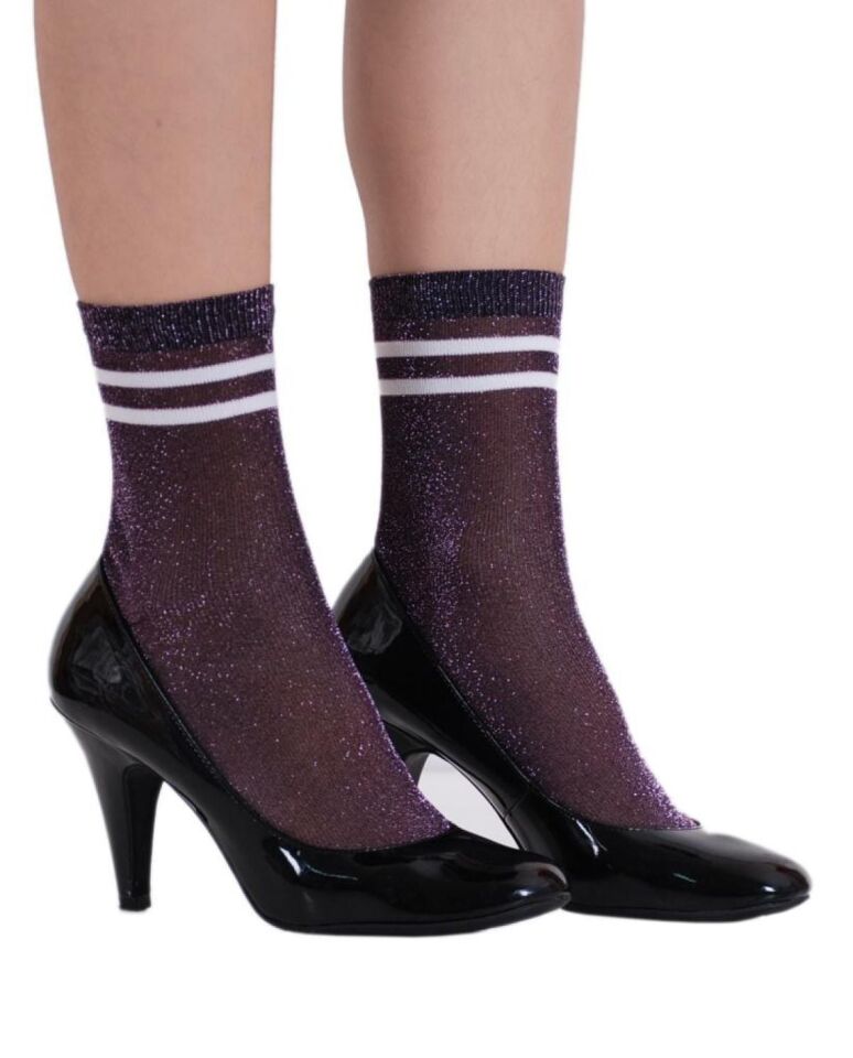 Victoria Pembe Simli Lila Renk  Çizgi Detaylı Çorap Brogetti