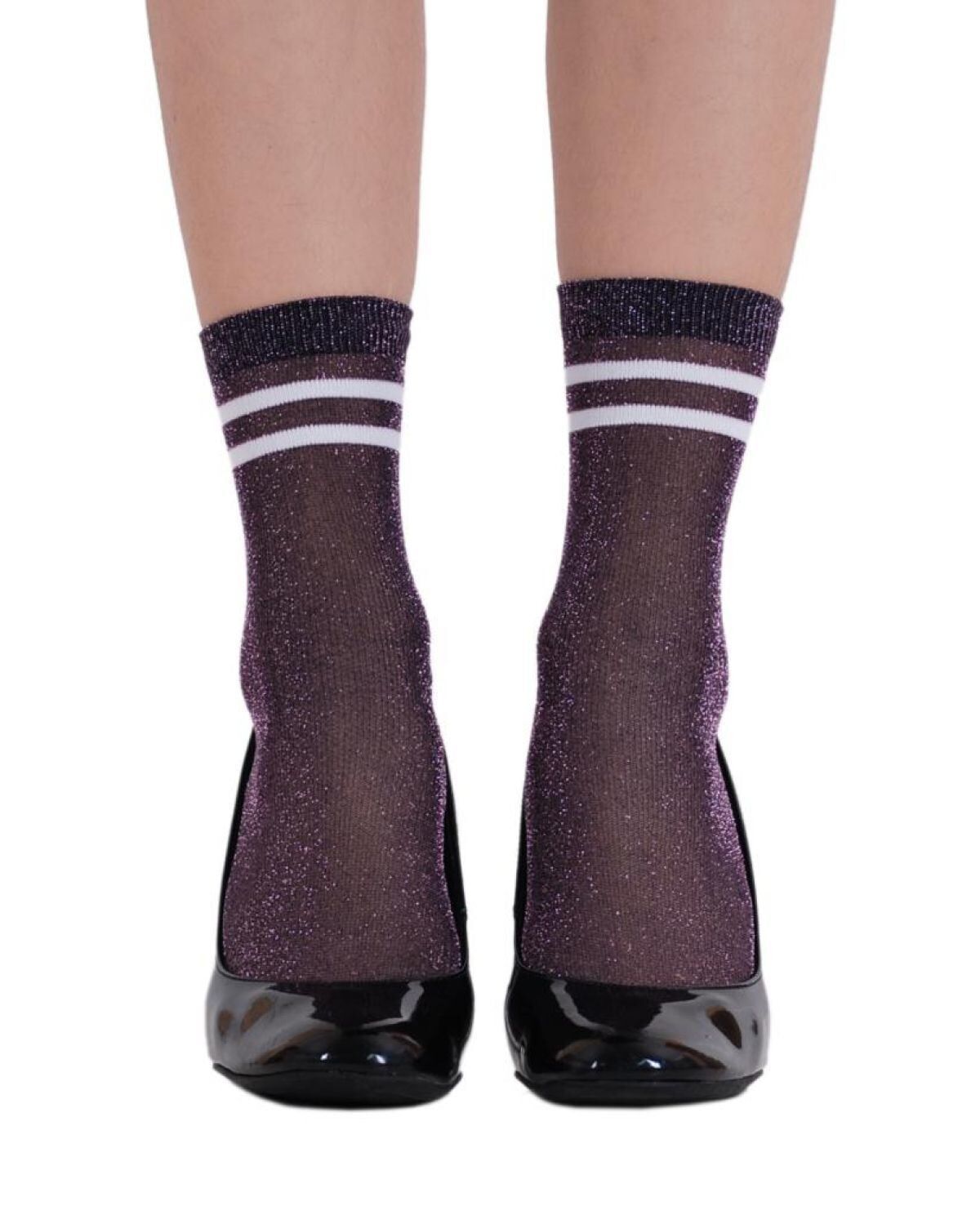 Victoria Pembe Simli Lila Renk  Çizgi Detaylı Çorap Brogetti