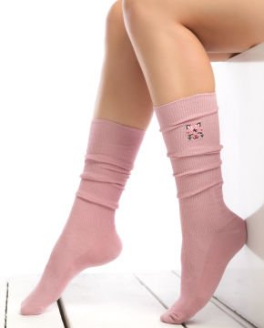 Sevimli Kedi Nakışlı Pembe Renk Kadın Dizaltı Çorap