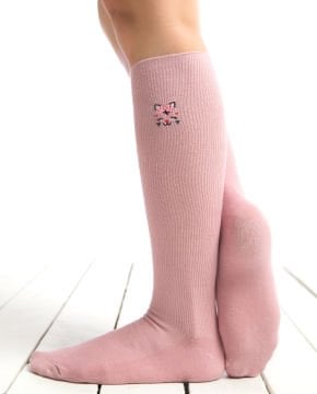 Sevimli Kedi Nakışlı Pembe Renk Kadın Dizaltı Çorap