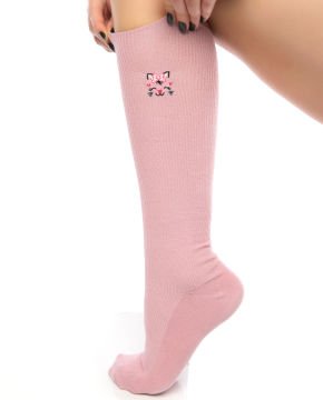 Sevimli Kedi Nakışlı Pembe Renk Kadın Dizaltı Çorap