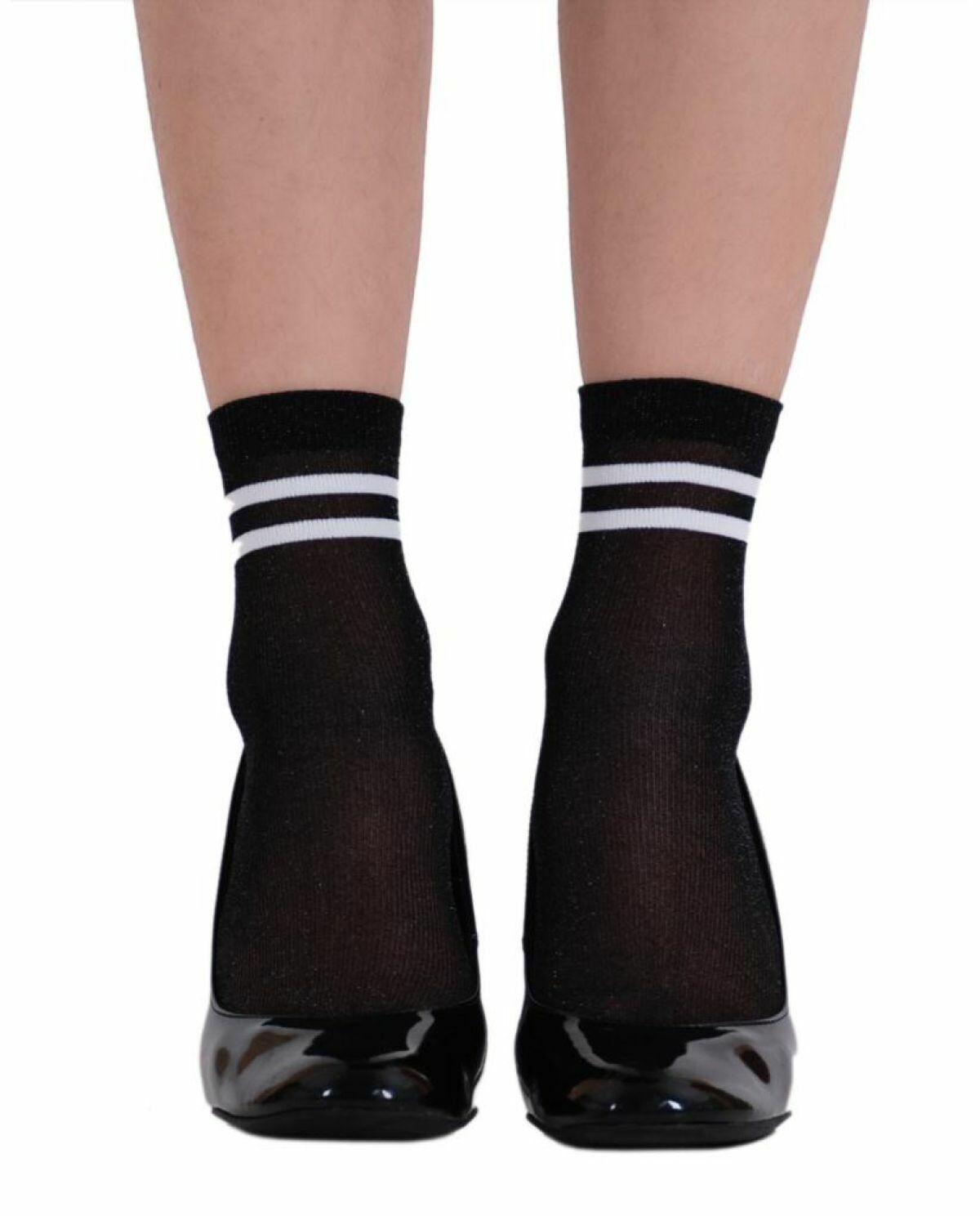 Victoria Siyah Simli Beyaz Çizgi Detaylı Çorap Brogetti