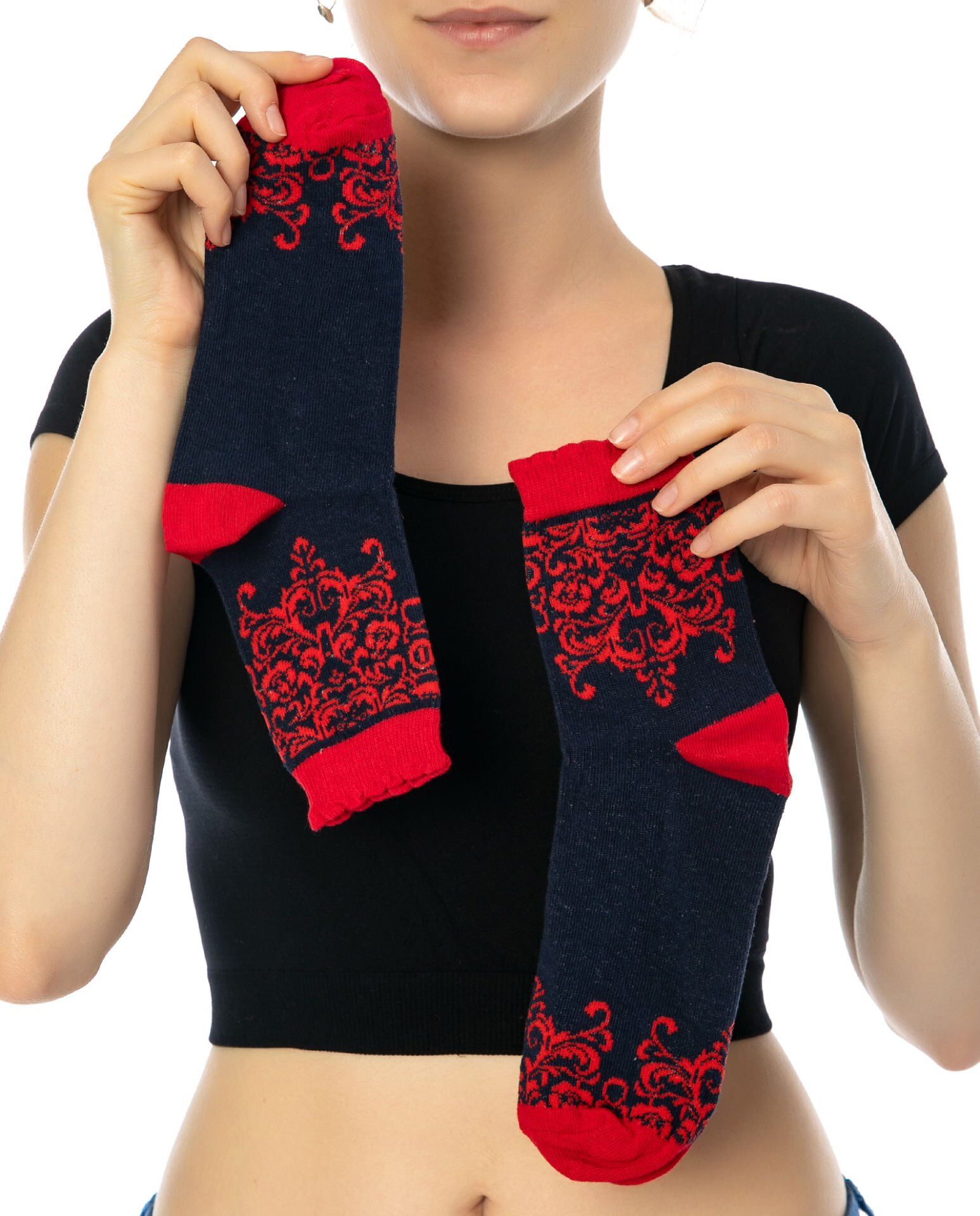 Kırmızı-Lacivert Motif Desen Soket Çorap KIRMIZI - 35/39