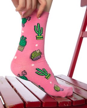 Pembe Renk Kaktüs Desen Soket Çorap