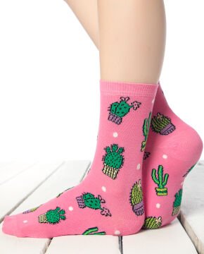Pembe Renk Kaktüs Desen Soket Çorap
