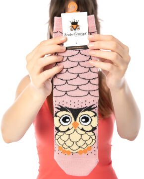 Pembe Renk Baykuş Desen Soket Çorap
