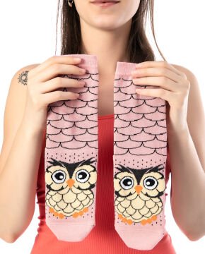 Pembe Renk Baykuş Desen Soket Çorap