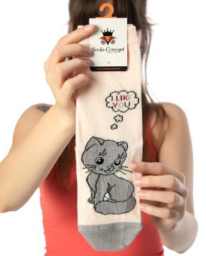 Pudra Renk Mutlu Kedi Desenli Soket Çorap