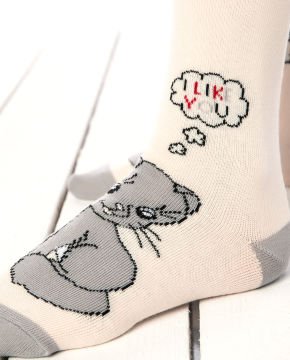 Pudra Renk Mutlu Kedi Desenli Soket Çorap