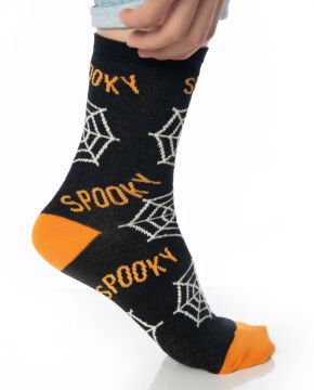 Spooky Yazılı Örümcek Ağı Desenli Kadın Soket Çorap
