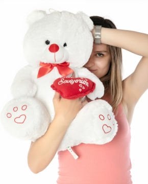 Kalpli Seni Seviyorum Yazılı 50cm Beyaz Peluş Ayıcık