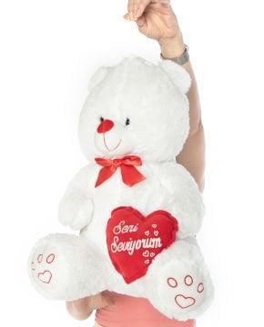 Kalpli Seni Seviyorum Yazılı 50cm Beyaz Peluş Ayıcık