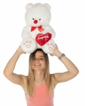 Kalpli Seni Seviyorum Yazılı 50cm Beyaz Peluş Ayıcık